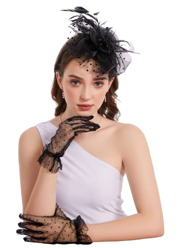 GurZinn Fascinator Hat Veil Feather Fascinator Tea Party Bridal Wedding Veil Pillbox Hat - color: C-black Hat&glove