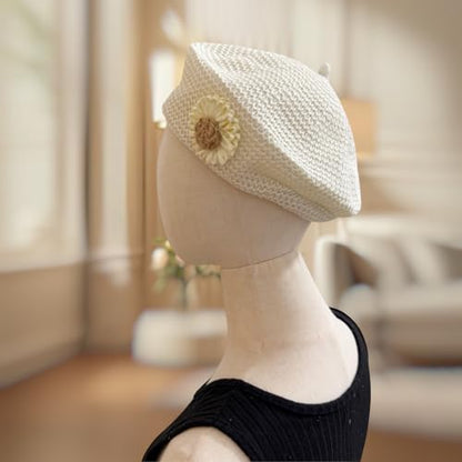 Women Summer French Beret Lady Slouchy Crochet Beret Hats 3D Flower Artist Painters Woven Beach Beanie Cap - color: White+beige