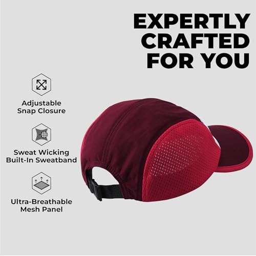 Tough Headwear 5 Panel Running Hat-Lightweight Breathable Nylon Trail Runner Hats-Camper Hat -Flat Brim Runners Hats - color: Burgundy