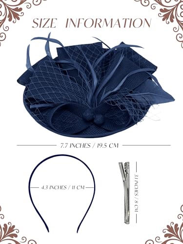 Women Fascinators Hats Tea Party Headband Hair Clip Feathers Hat for Wedding Cocktail Party - color: Navy