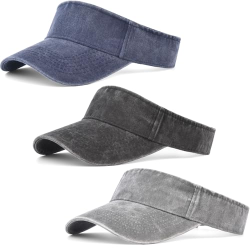 IYEBRAO 3 Pack Sun Visor Hat Sport Vintage Washed Adjustable Cotton Empty Top Ball Caps for Golf Running Tennis for Women&Men - color: Black+navy Blue+gray