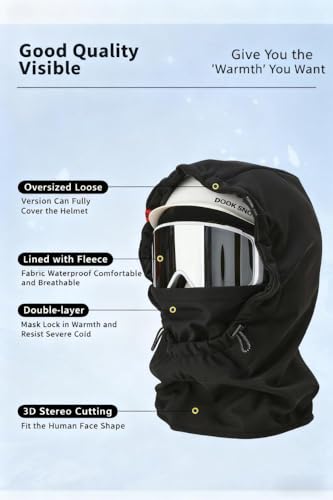 DOOK SNOW Ski Helmet Hood Cover - 3-in-1 Windproof Balaclava with Adjustable Drawstring, Fleece Lined Face Mask for Men&Women - color: Black(excluding Helmets and Snow Goggles), size: Medium