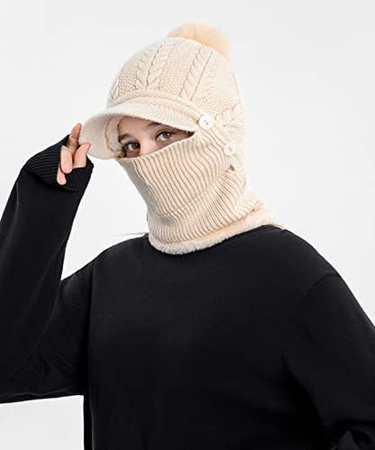 HUAMULAN Women Cable Knit Balaclavas Winter Fleece Lined Beanie Hat - color: Beige With Pompom