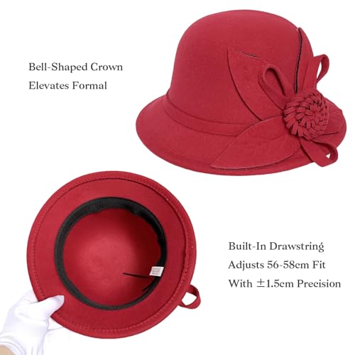 Woolen Cloche Hat for Women, Flower Winter Warm Bucket Cap - color: Wine Red