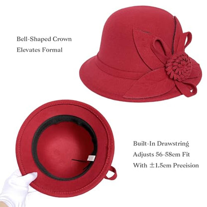 Woolen Cloche Hat for Women, Flower Winter Warm Bucket Cap - color: Wine Red