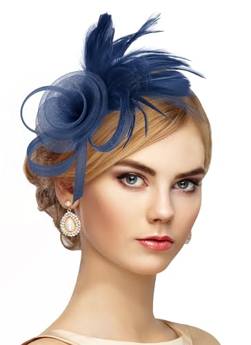 Zinniday Victorian Feather Fascinators Hats - 2025 Derby Attire Headwear with Hairpin,1920s Tea Party Hat for Woman - color: Navy Blue