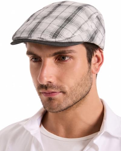 ZLYC Men Summer Flat Cap Scally Ivy Gatsby Newsboy Beret Driver Hat - color: Plaid White