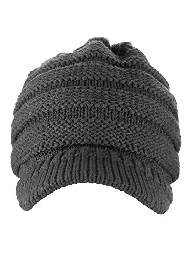 C.C Warm & Thick Cable Knitted Brim Visor Beanie Cap - color: Dark Melange Gray