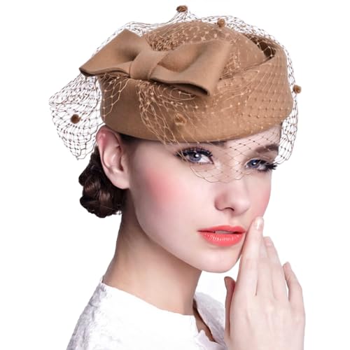ORIDOOR Women's British Style Pillbox Church Derby Wedding Winter Vintage Fascinator Beret 100% Wool Felt Veil Hat - color: 01a-khaki