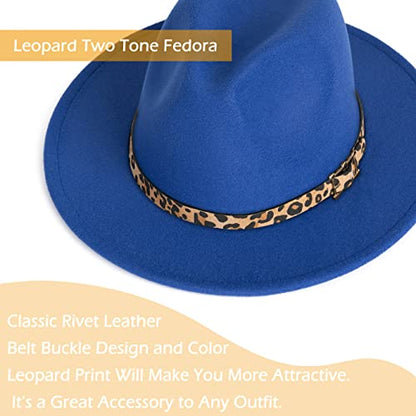 Women Two Tone Wide Brim Fedora Felt Panama Hat - color: Square Buckle-royal Blue Leopard
