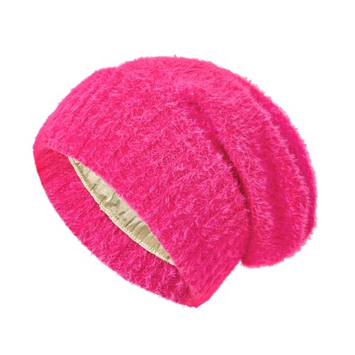 Satin Lined Slouchy Beanie Women-Winter Hats for Women Silk Lined Beanie for Winter Warm Cute Knit Hat - color: Rose Red