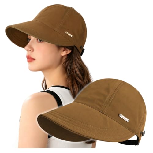 Women's Adjustable Ponytail Sun Hat, Wide Brim Summer Protection Cap - color: Brown