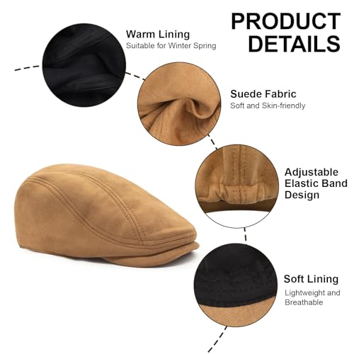 YAMEIZE Retro Suede Newsboy Hats for Men Women Beret Ivy Flat Cap Adjustable Winter Caps Trendy - color: Light Camel