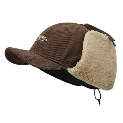 CLAPE Men Winter Baseball Cap, Outdoor Windproof Warm Fleece Trapper Hat w/Visor & Earflap for Clod Weather, Adjustable Size