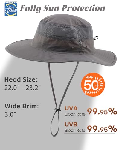 Connectyle UPF 50+ Wide Brim Sun Hat for Men Breathable Cowboy Boonie Hats Outdoor Bucket Hat for Fishing Hiking Safari - color: Dark Grey