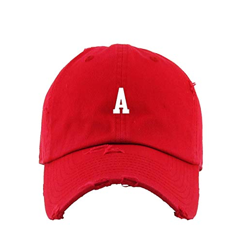 A Initial Letter Vintage Baseball Cap Embroidered Cotton Adjustable Distressed Dad Hat - color: Red
