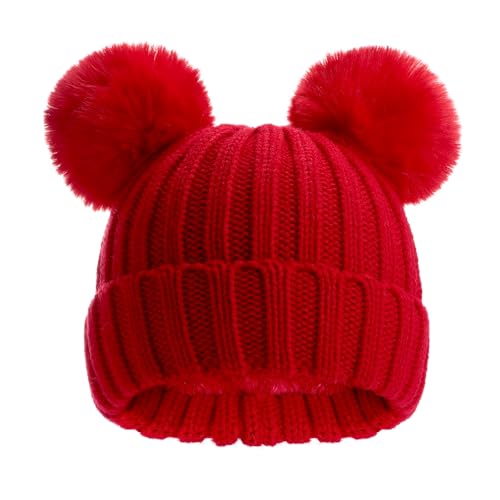 Toddler Winter Knit Hat Upgrade Fleece Lined Pompom Ears Beanies Cap for Boys Girls 3-12 Years - color: Red