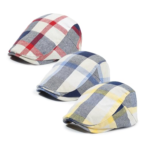 3Pcs Men's Newsboy Caps Cotton Cooling Hat Adjustable Flat Cap for Men - color: 2#-red+blue+yellow