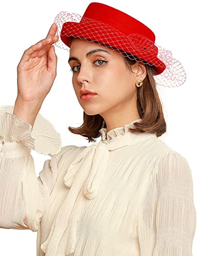 ORIDOOR Women's British Style Pillbox Church Derby Wedding Winter Vintage Fascinator Beret 100% Wool Felt Veil Hat - color: 015-red
