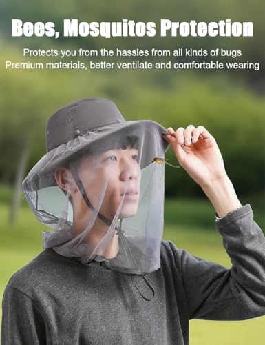 Wide Brim Bucket Sun Hat with Concealable Mosquito Mesh, Adjustable Chin Strap for Fishing, Gardening, Hiking & Camping - color: Light Gray