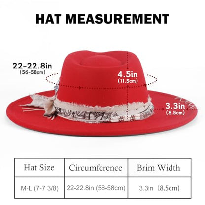 Big Brim Fedora Mens Women Boho Hat Handmade Dress Up Hats - color: Red