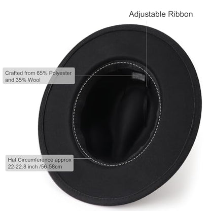 DRESHOW Women Classic Felt Fedora Wide Brim Floppy with Belt Buckle Panama Hat - color: 01 Set: Felt Fedora Black + Heart Eyeglasses + Eyeglass Case