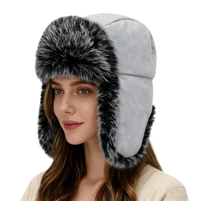 Winter Fuzzy Knit Trapper Hat with Faux Fur Earflap Fleece Lined Windproof Russian Ushanka Cap Ski Snow Hunting Hat - color: Fleece-gray