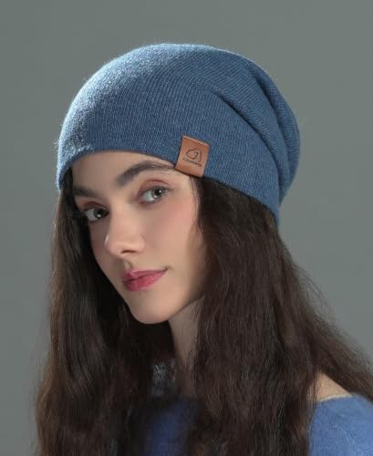 jaxmonoy Slouchy Knit Beanies Winter Hats for Women Men Soft Warm Reversible Slouch Cuffed Skull Knitted Beanie Cap - color: Denim Blue