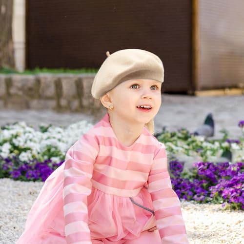 Wheebo Berets for Kids Wool French Beret Hats Artist Painter Hats for Little Girls Boys Solid Color Style - color: Beige