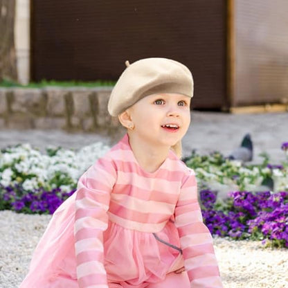 Wheebo Berets for Kids Wool French Beret Hats Artist Painter Hats for Little Girls Boys Solid Color Style - color: Beige