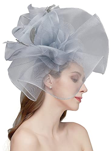 Women's Fascinators Hat for Women Tea Party Headband Wedding Cocktail Flower Mesh Feathers Hair Clip - color: 01 Grey