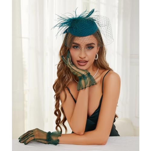 GurZinn Fascinator Hat Veil Feather Fascinator Tea Party Bridal Wedding Veil Pillbox Hat - color: Green Hat&gloves