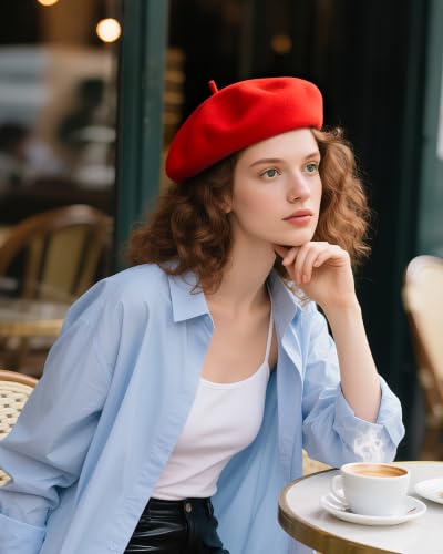 French Beret Hats for Women - Wool Solid Color Beanie Cap - color: Red