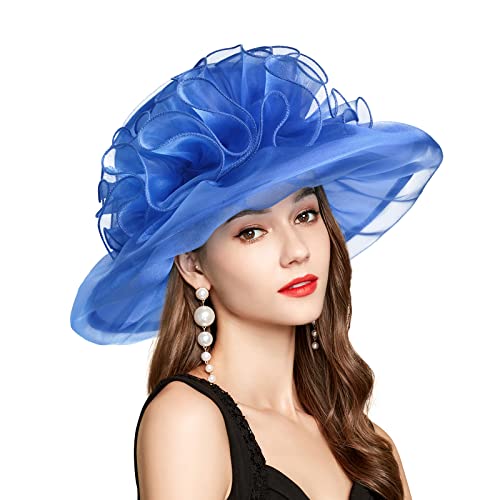 2026 Derby Hats for Women Ladies, Classy Organza Sun Hat, Church Tea Party Wedding Kentucky Fascinator Hat - color: 3a-4541-royal Blue
