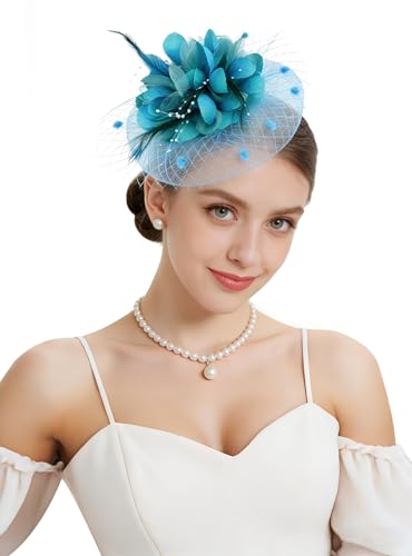 Z&X Sinamay Fascinator Hat Floral Feather Pillbox Derby Hats for Women Wedding Tea Party with Headband Clip - color: 024- Lake Blue