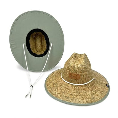 Women's Wide Brim Straw Sun Hat for Beach, Lifeguard Style, Hand-Woven Rush & Mat, Adjustable Chin Drawstring - color: The Sage