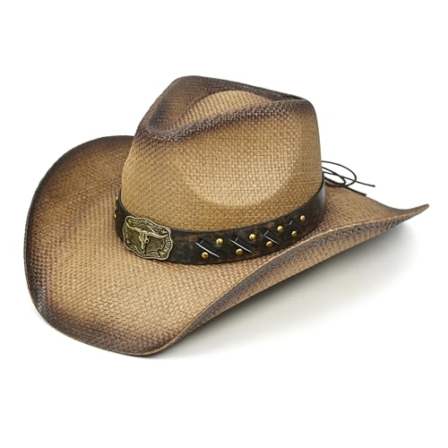 FLUFFY SENSE. Straw Cowboy Hat for Women and Men – Western Sun Hat for Country Concert, Rodeo and Cowgirl Outfits - color: Toasted Brown Longhorn Skull