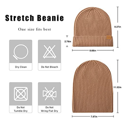 100% Merino Wool Cuff Beanie Hat, Unisex Warm Winter Caps Soft, Breathable & Cozy Stretchy Knitted Cuffed Cap - color: Camel