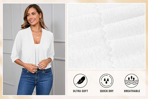 Iandroiy Women's 3/4 Sleeve Shrugs Lightweight Open Front Cropped Cardigan for Women - color: A-02 White, size: Medium