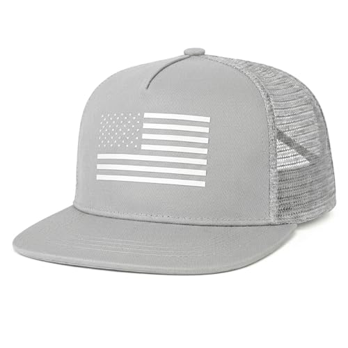 BROMZ Kids Youth American Flag Trucker Hat Flat Bill, Breathable Mesh Back Snapback Baseball Cap for Boys Girls 5-15 Years - color: Gray/White Flag