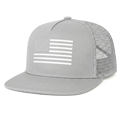 BROMZ Kids Youth American Flag Trucker Hat Flat Bill, Breathable Mesh Back Snapback Baseball Cap for Boys Girls 5-15 Years - color: Gray/White Flag
