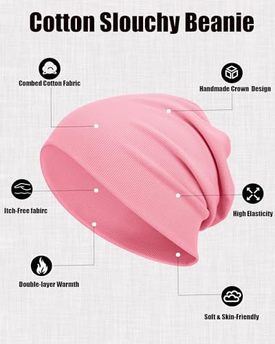 vidsel Slouchy Beanie Hats for Women & Men Cotton Knit Cuffed Skull Cap - color: 1-pink