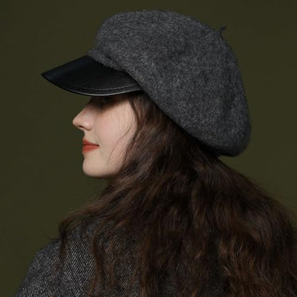 Women Classic Wool Blend Berets Elegant Flat Beret Caps Retro Peaked Cap Hats Autumn Winter Hat Solid Color - color: Grey