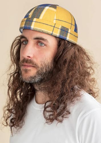 DIYDECAL Striped Plaid Brimless Worker Cap,Retro Skullcap Docker Hat for Men Womens - color: Yellow