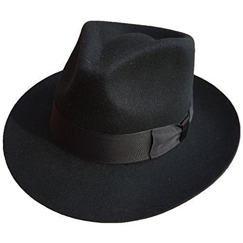 Classic Black Men's Wool Felt Godfather Gangster Mobster Gentleman Fedora Hat - size: 7 5/8