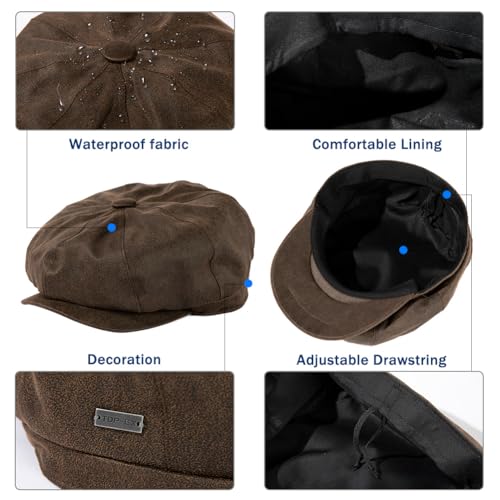 TOP-EX Waterproof 8-Panel Faux Leather Newsboy Flat Cap for Men, Adjustable - color: Coffee (Waterproof Faux Leather), size: X-Large-XX-Large