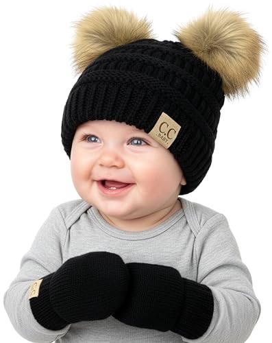 Funky Junque Baby Double Faux Fur Pom Pom Beanie & Mittens Set – Newborn Infant 0–9 Months Winter Hat with Soft Lined Mittens - color: Black (Faux Fur Pom) W/ Black Mittens (0-9 Months)