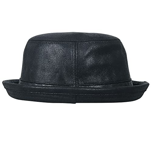 ililily Vintage Faux Leather Short Brim Bucket Hat Flat Top Basic Hat - color: Black, size: Medium