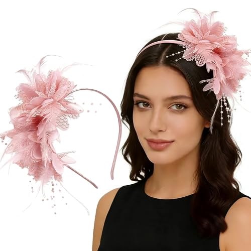 Fascinators for Women Ribbon Feather Tea Party Headwear - color: Nude Pink