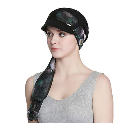 Alnorm Breathable Cotton Hat and Scarf Set Chemo Headwear for Women - color: Black Rose